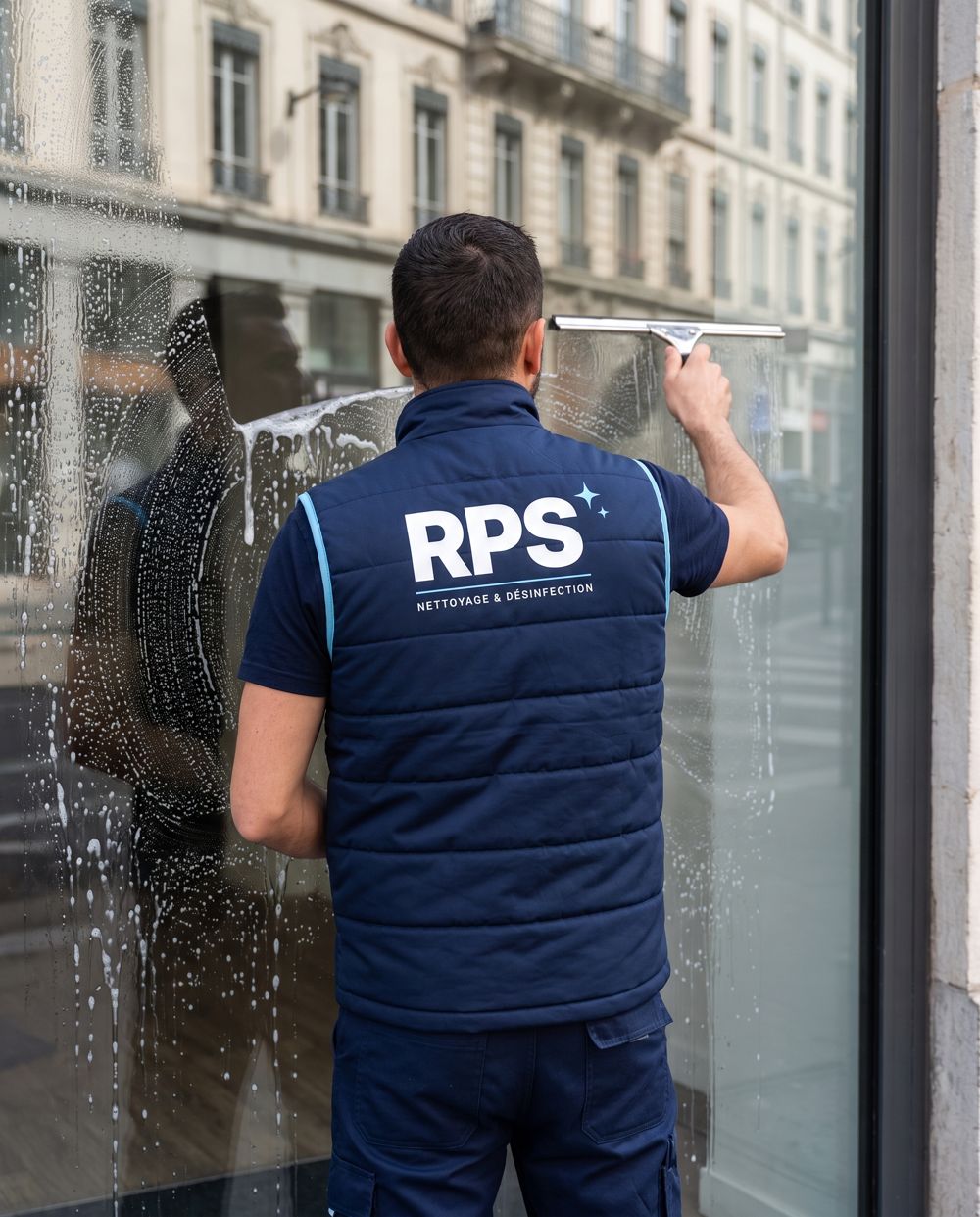 Agent RPS en tenue marine nettoyant une vitrine à la raclette à Lyon